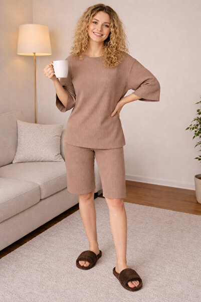 THEBEK Women's Home Wear Knitted Corded Fabric Shorts Set