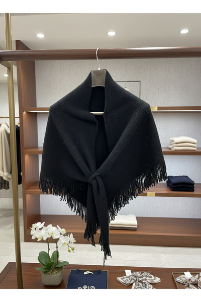 stravis Black Tasseled Inner-Tie Triangle Shoulder Shawl