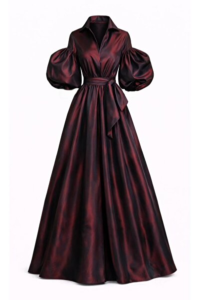 ALYEL NAKER فستان قميص طويل من التفتا مع تفاصيل الأكمام المنتفخة وحزام