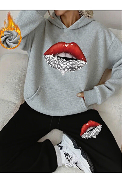 ibibik moda Dudak Printed Hooded pocketed cotton Hooded tracksuit set