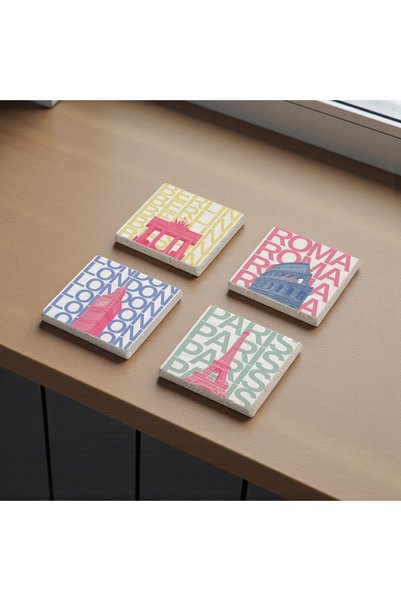 Baumatelier Paris, Rome, London and Berlin Themed Natural Stone Travertine Coasters Stone Coasters Set of 4