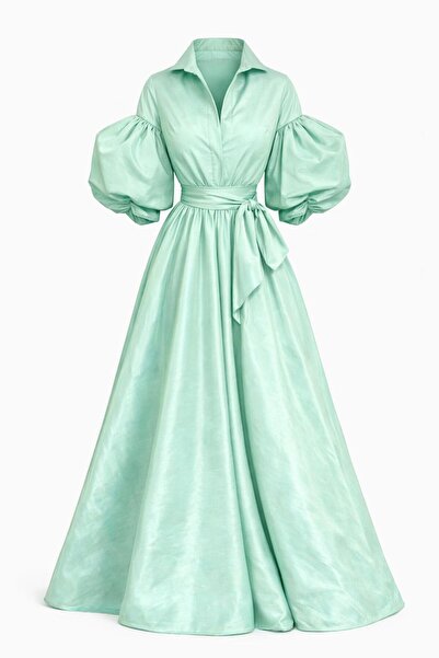 ALYEL NAKER Balloon Sleeve Detailed & Belted Maxi Length Taffeta Shirt Dress