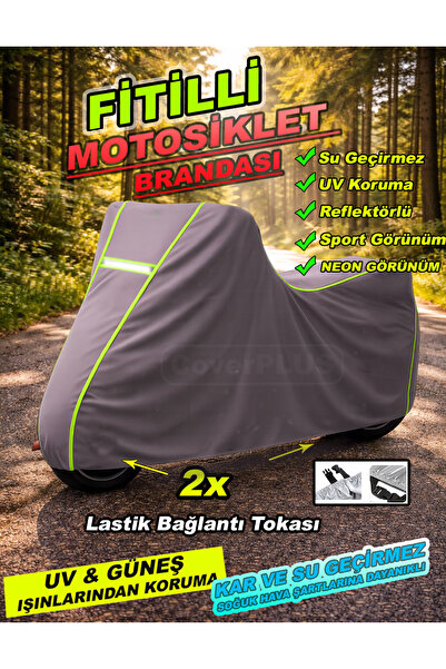 CoverPlus YEŞİL FİTİLLİ GRİ Tüm Modellere Uyumlu Motosiklet Brandası Motor Br...
