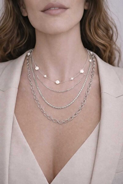 JİMNY JEWELRY قلادة من الفولاذ الفضي الطبيعي مكونة من 4 قطع من LAYERA