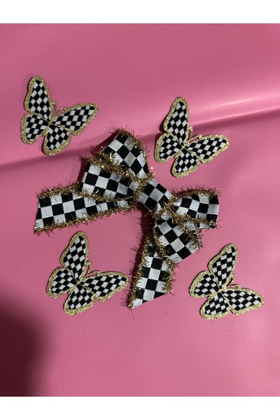 Marrone Glitter Checkered Ribbon and 4 Butterflies