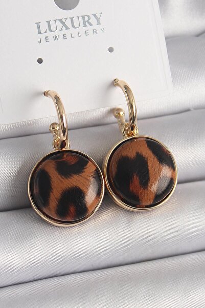 Ebijuteri Brass Gold Color Leopard Print Circle Model Women's Earrings