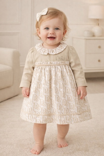 Babydola Baby Girl Dress Cream Color Logo Patterned Custom Design Special Occ...