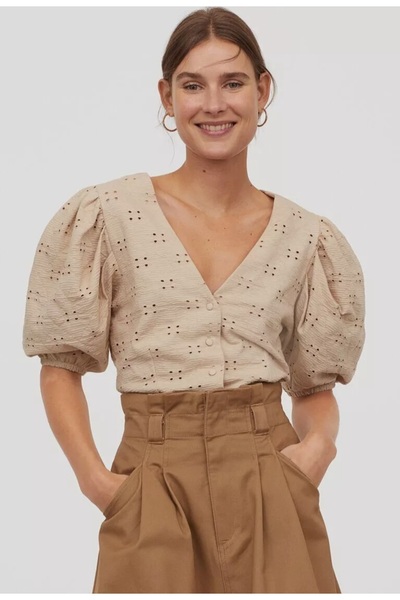 EAS GİYİM V-Neck Buttoned Balloon Puff Sleeve Blouse