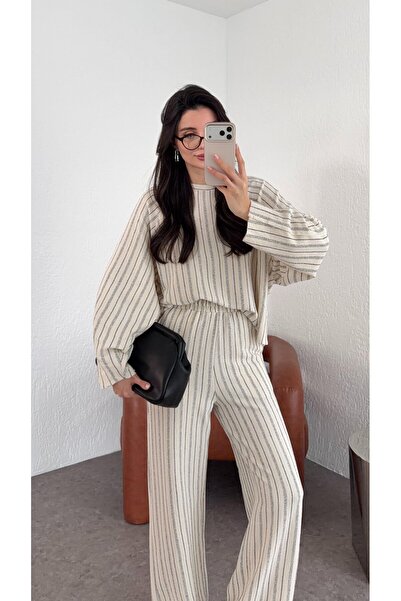 manana fashion Premium Quality Ecru Stripe Patterned Sweater Elastic Waist Tr...