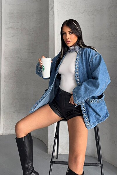 AKD Atelier Women's Jeans Jacket Oversized Off Shoulder Denim Jacket with Poc...