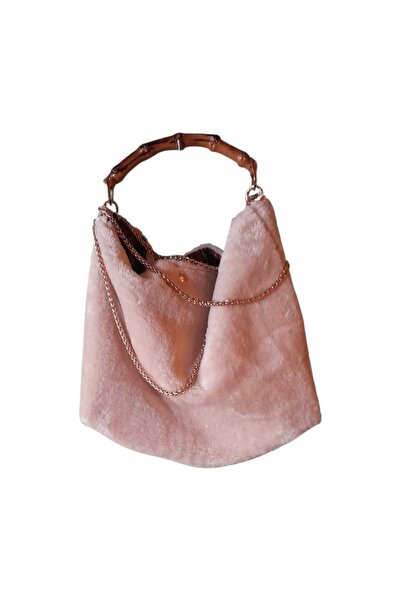 handedizayn Krem Rengi Bej Peluş Kürk Bambu Zincir Askılı,Astarlı,Kadın Kol Ç...