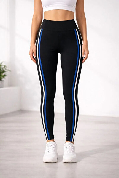 MODA Women's Stretch Fabric Side White Blue Stripe Detailed Leggings - Black