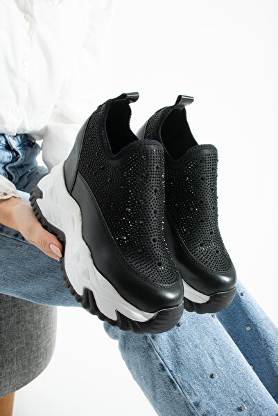 dabab shoes Olivia Black Stone Detailed 10 cm Hidden Heel Platform Slip-On Sn...