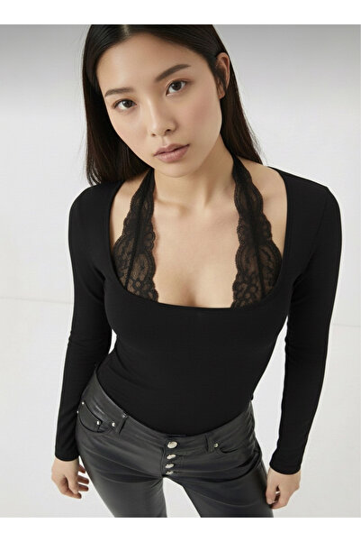 Avakado Bağlamalı Dantelli Uzu Kollu Bluz