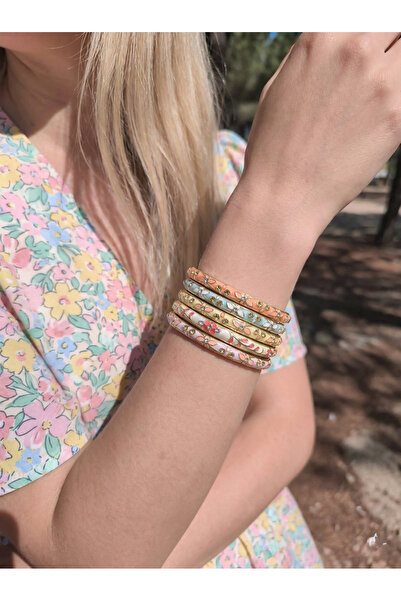 mew atelier Kadın Gold Renk 5'li Pastel Çok Renkli Çiçek Desenli Taşlı Mineli...