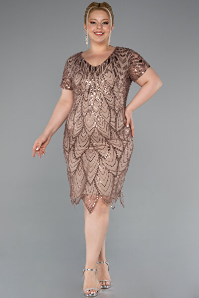 Abiyefon Cappuccıno Kısa Kol V Yaka Taşlı Büyük Beden Davet Elbisesi ABK2380