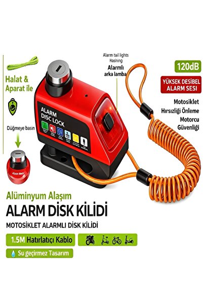 DEANB 120dB Motosiklet Disk Kilidi Alarmlı Işıklı 1.5m Hatırlatma Kablolu Alü...