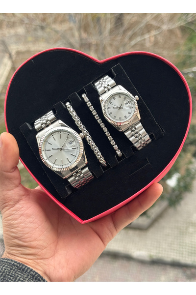 Tulpar Special Design Red Heart Boxed Lover Couple Wristwatch Set with Calend...