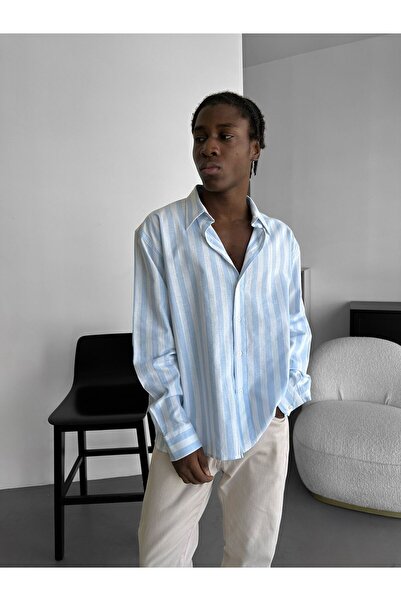 elkumoda Men's Oversized Striped Linen Blend Comfortable Fit Long Sleeve Shirt