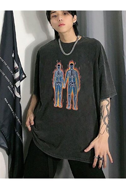 Le Savu Washable Sflaming Skeletons Printed Unisex Oversized Vintage T-Shirt