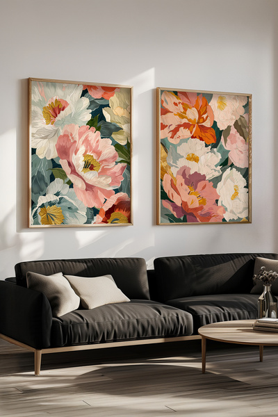 STARYUNA Ahşap Çerçeveli Büyük Çiçek Desenli İkili Tablo Seti Yuna462