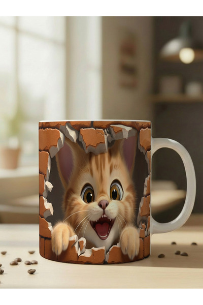 NİVRA GRUP Sevimli Kedi Temalı 3D Baskılı Porselen Kupa Bardak