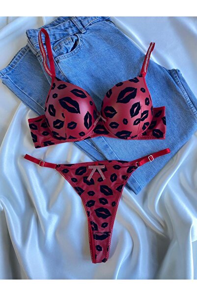 Gold Night Set de lenjerie de corp pentru femei, din piele roșie Kissed, cu f...