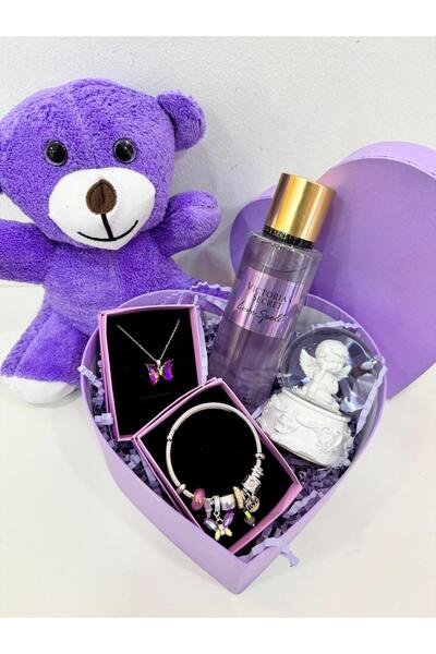 NUREYY AKSESUAR Mor hediyelik kutu peluş ayıcık ve hediye kutusu çelik kolye ...
