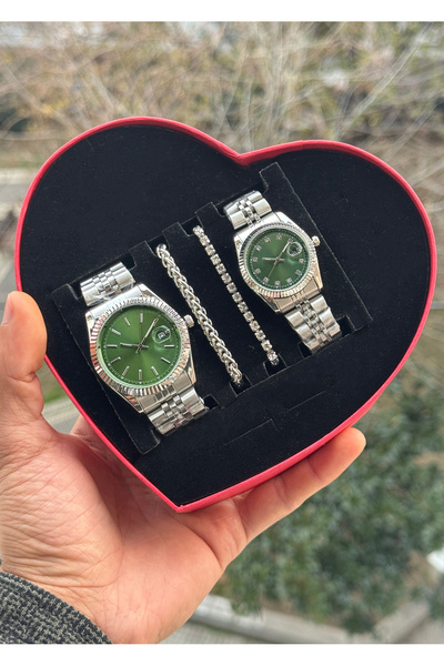 Tulpar Special Design Red Heart Boxed Lover Couple Wristwatch Set with Calend...