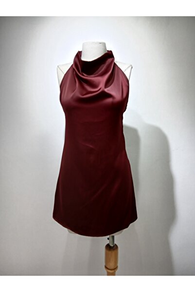 my mınnos BORDO SATEN DEGAJE YAKA MİNİ ELBİSE