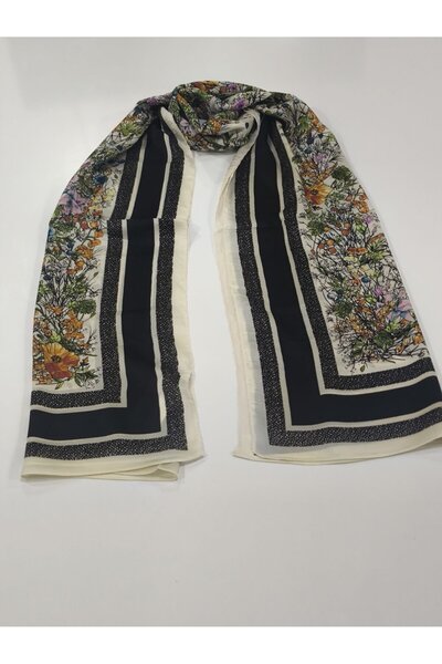 PİRAMİT Vual Silk Shawl with Flower Pattern White Black Green Turquoise