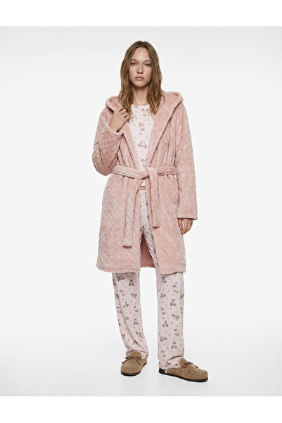 Koton Hooded Long Sleeve Textured Fleece Dressing Gown with Pockets