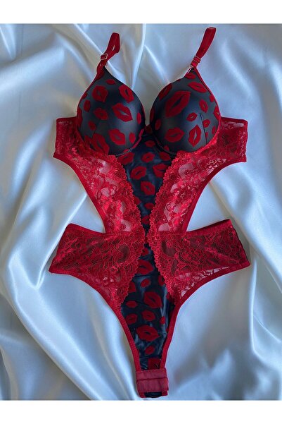 Gold Night Women's Lace Leather Red Kissable See-Through Snap-On Bra Bodysuit...