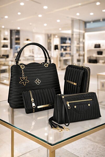 MOLDİVA 4'lü Set Kadın Siyah Çanta Kombin, Kadın Omuz Çantası, Cüzdan, Telefo...