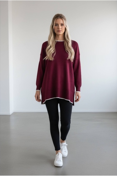 Te&Te Pulover de tricotat pentru femei, burgundy supradimensionat