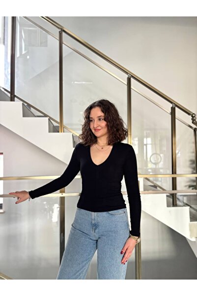 Sude Kızanlıklı Buzzy Fabric V-Neck Long Sleeve Blouse