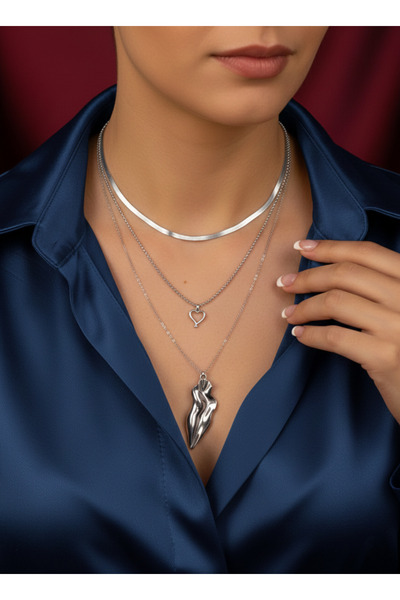 Elmosia Jewelry Silver Gümüş Çoklu Zincir Kadın Kolye – Minimal Kalp Detaylı ...