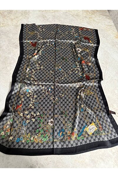 PİRAMİT Vual Silk Shawl with Flowers g Printed Black Multi-Color