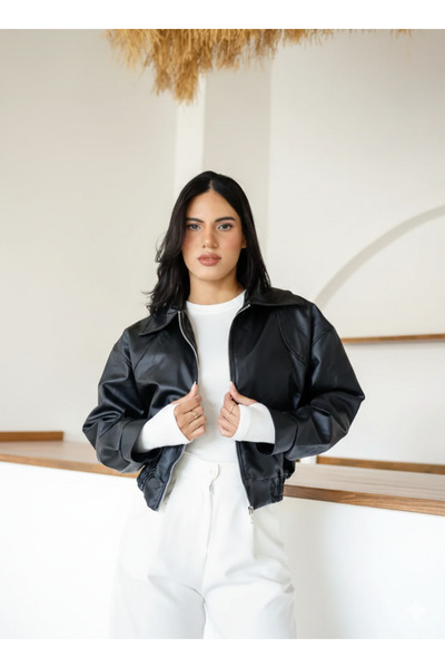 Orions Collection سترة جلدية بياقة بولو