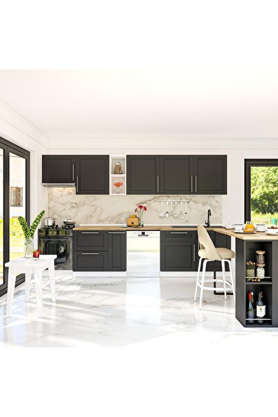 DEKOREX Pia Antrasit 330 Cm Aspiratör Ve Çekmece Modüllü Meşe Tezgahlı Hazır ...