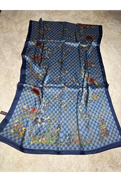 PİRAMİT Vual Silk Shawl with Flowers Printed in G, Navy Blue