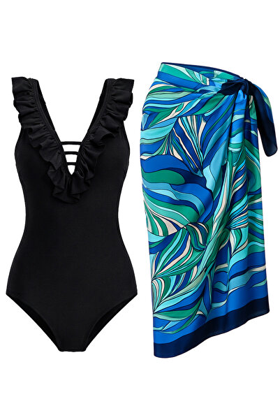 CUPSEA Slimming Effect Ruffled Front Black Swimsuit with Sea Blue Pareo 2-Pie...