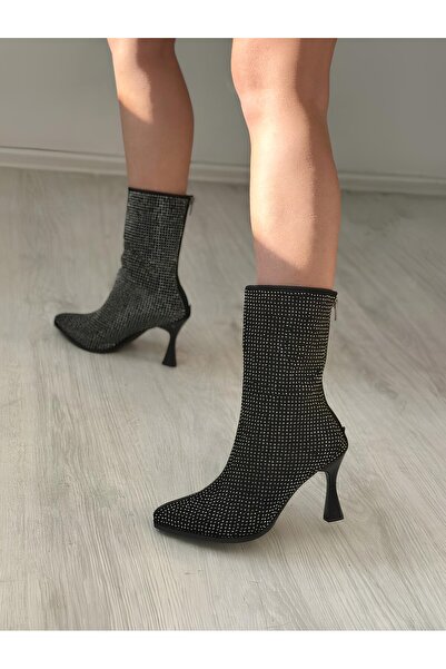 SHOEBOURNE Black Suede White Stone Glitter Stone Goblet Heeled Stylish Short ...