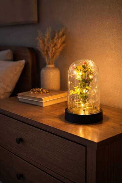 SOFT HOME CAM FANUS İÇİNDE LED IŞIKLI DEKORATİF ÇİÇEK