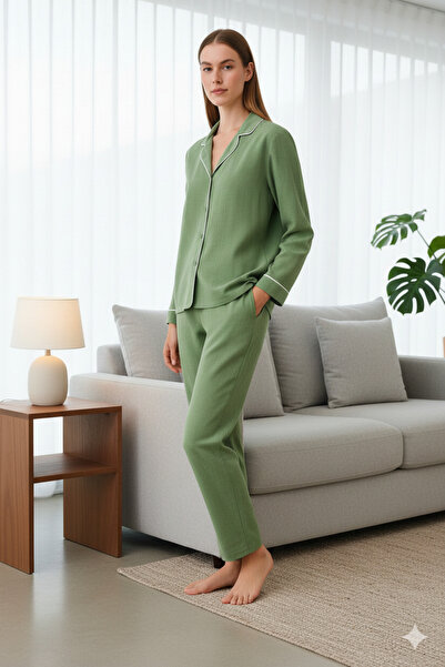 PjPAZAR Yeşil %100 Pamuklu Puf Dokulu Ara Biyeli Müslin Kumaş Dokuma Pijama T...