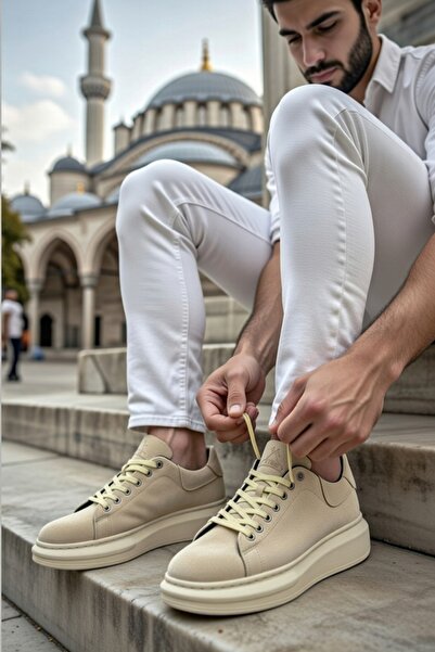 VELLINA Ανδρικά μπεζ καθημερινά αθλητικά παπούτσια με κορδόνια, με ψηλή χοντρ...