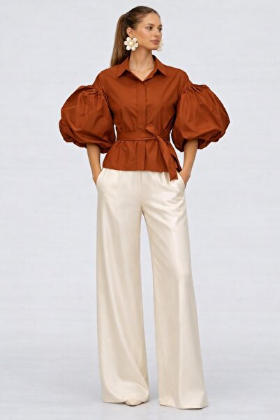ALYEL NAKER Balloon Sleeve Detailed & Belted Taffeta Shirt