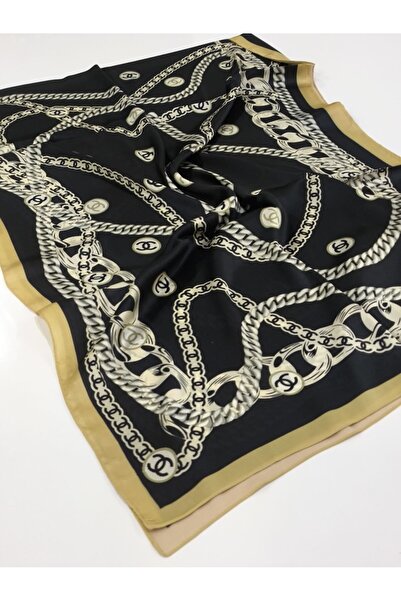 PİRAMİT Vual Silk Shawl with Chain Logo Gold Black