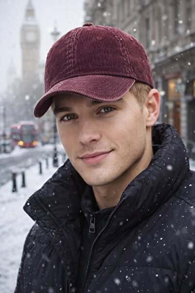 MARBERRY Burgundy Velvet Corded Fabric Men's Cap Hat