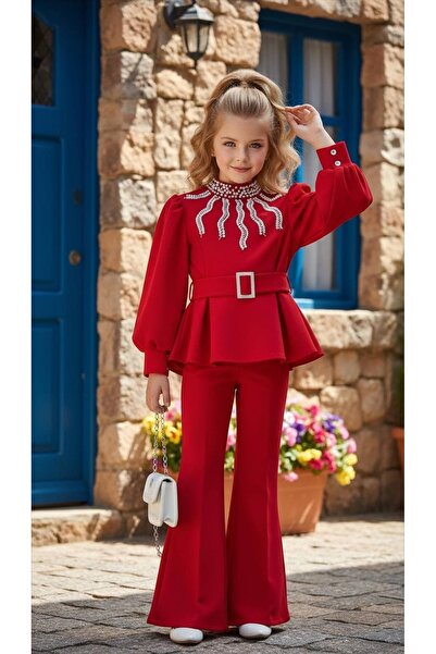 Bisahane Girl's Pants Pearl Detailed Lined Blouse Belt Bag